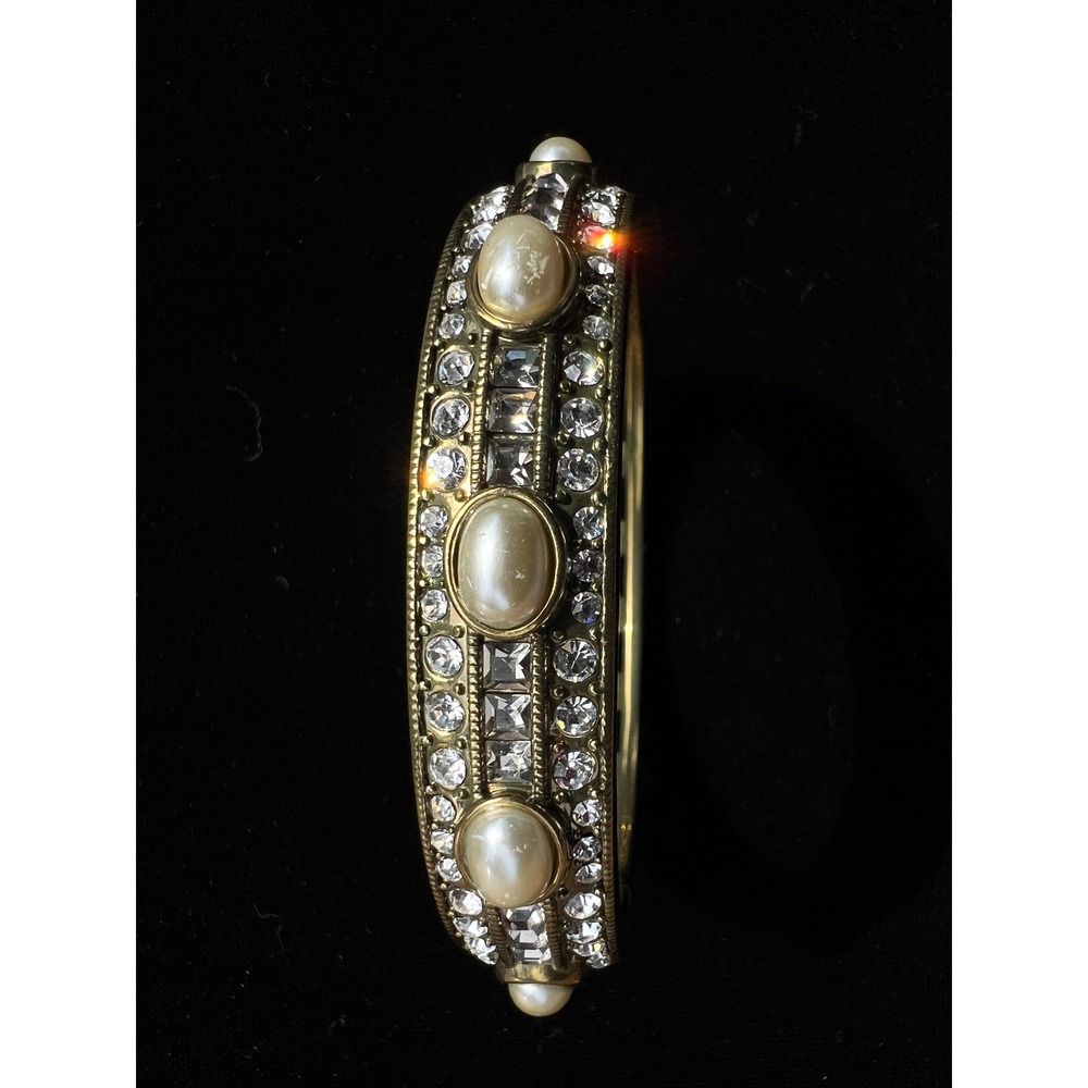 Heidi Daus Tantalizing Swarovski Crystal Faux Pearl Bronze Tone Hinged Bangle